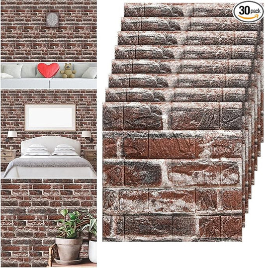 Tinlade 30 Pcs 3D Wall Panels Peel and Stick Wallpaper Foam, Red Brick | Faux Brick Stone Tiles, Covering 28.8-48.4 Sq ft, Self Adhesive Waterproof Panels for Bedroom Living Room Kitchen Walls by Tinlade
