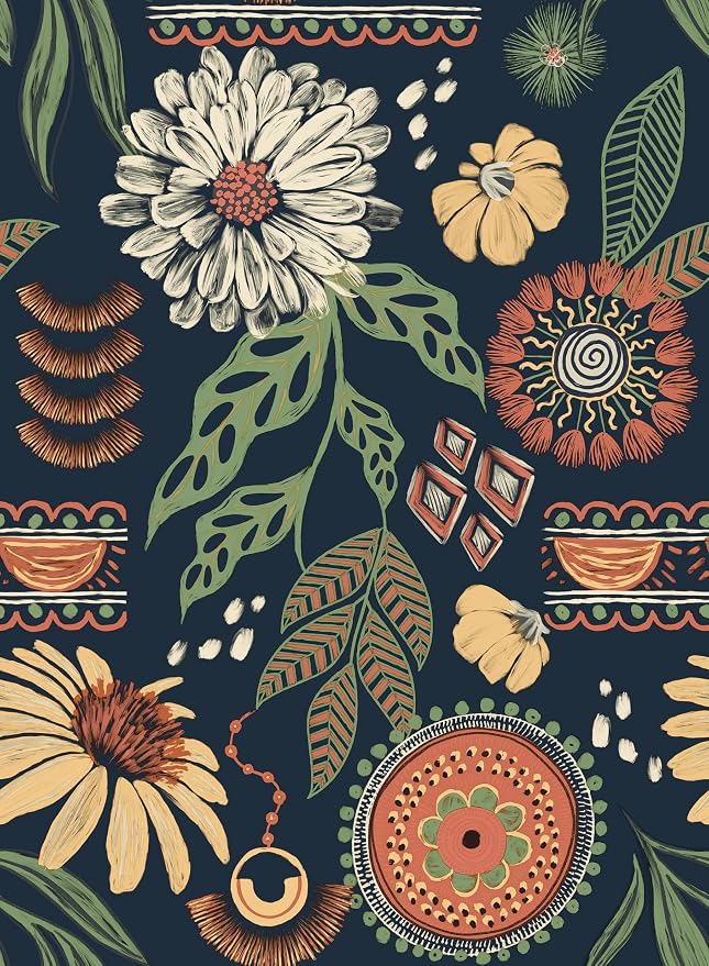 Simon&Siff Boho Sun Floral Retro Peel and Stick Wallpaper 17.3" x 80" | Removable Waterproof Self Adhesive Contact Paper Renter Friendly for Cabinets, Furniture, Bedroom, Bathroom, DIY Decor by SimonSiff