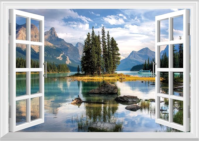 FLFK Fake Window Wall Mural - Trees in The Lake Faux Window Wall Sticker for Wall Decor, Peel and Stick Wall Decals,48"x32",Set of 2 Sheets by FLFK