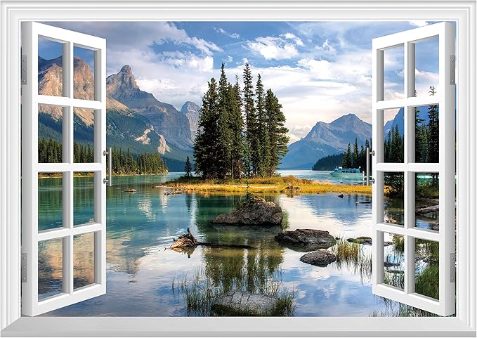 FLFK Fake Window Wall Mural - Trees in The Lake Faux Window Wall Decal for Wall Decor, Peel and Stick Wall Sticker,80"x60",Set of 5 Sheets by FLFK