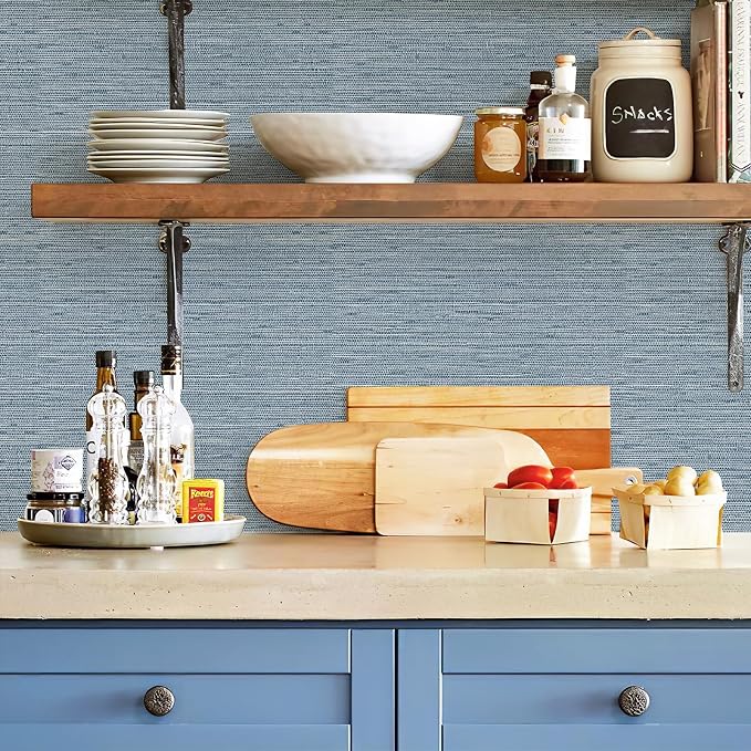 HueBurst Grasscloth Peel and Stick Wallpaper 17.3" x 197" Blue Textured Grasscloth Wall Paper Renter Friendly Wallpaper Self Adhesive Removable for Bathroom Bedroom - Image 3