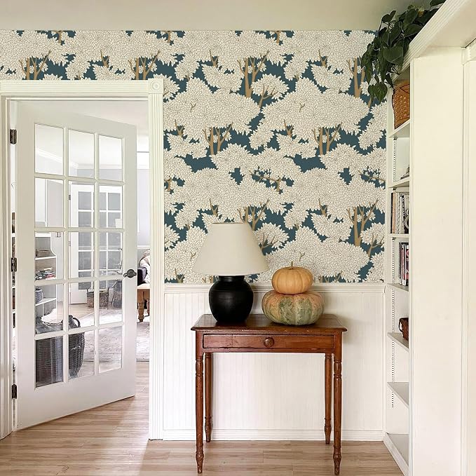 Vintage Teal Forest Jungle Tree Peel and Stick Wallpaper 17.7" x 118.11" Waterproof Woodland Botanical Decor Wall Mural for Bathroom Bedroom Home Wall Decoration - Image 3
