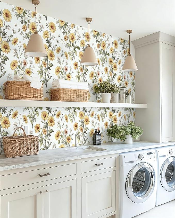 Livebor Daisy Floral Peel and Stick Wallpaper for Bathroom 16.9in x118.1in | Floral Contact Paper Yellow Daisy Flower Wallpaper Waterproof Flower Boho Self Adhesive Removable Wall Paper Decor Vinyl - Image 7