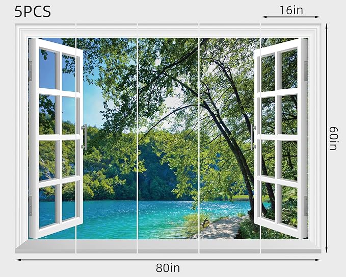 FLFK Fake Window Wall Mural - Lakes in The Jungle Faux Window Wall Sticker for Wall Decor, Stick and Peel Wall Decals,80"x60",Set of 5 Sheets - Image 2