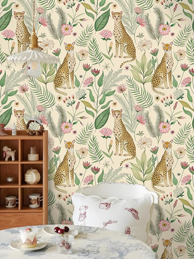 Floralplus Wallpaper Peel and Stick Removable Floral Cheetah Wallpaper Tropical Animal Jungle Leopard Wallpapers for Bedroom Boho Renter Friendly Self Adhesive Contact Paper 17.5 x 393 in - Image 6