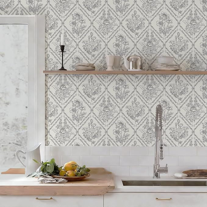 Toduso Peel and Stick Wallpaper Vintage Wall Paper Black and Cream White Contact Paper Neutral Removable Wallpaper for Kitchen Bathroom Bedroom Floral Waterproof Self Adhesive Vinyl 17.3"x78.7" - Image 7