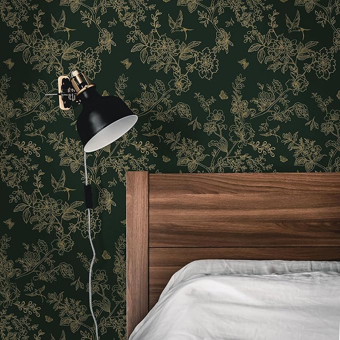 Froluya Green and Gold Peel and Stick Wallpaper for Bathroom 17.7in×196.8in | Dark Green Floral Wallpaper Vintage Contact Paper Peel and Stick Flowers Birds Removable Self Adhesive Cabinets Wall Paper - Image 5