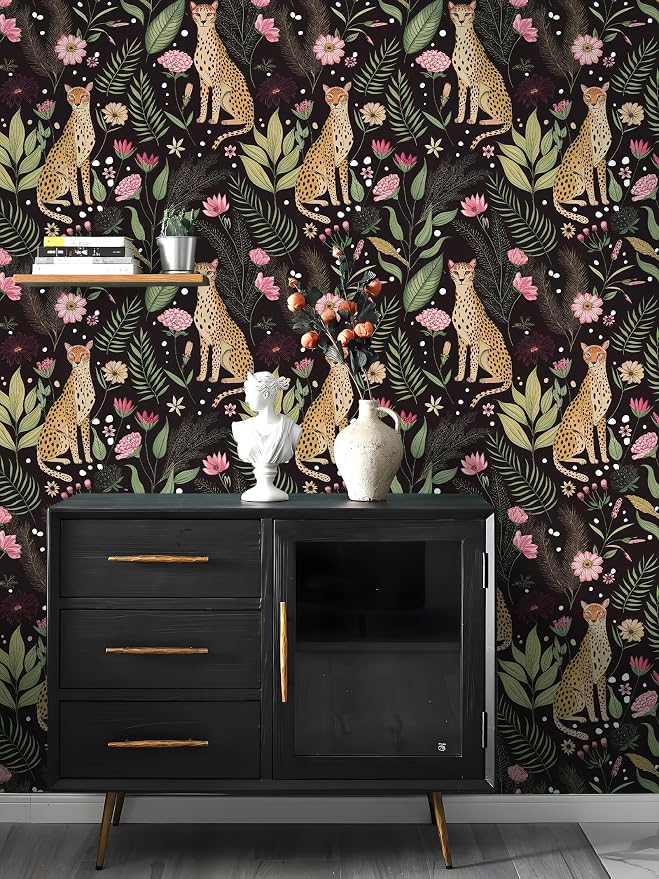 Floralplus Black Leopard Wallpaper Peel and Stick Wallpaper Removable Vintage Floral Wallpapers Dark Jungle Cheetah Renter Friendly Self Adhesive Contact Paper for Countertop 17.5 x 393 in - Image 2