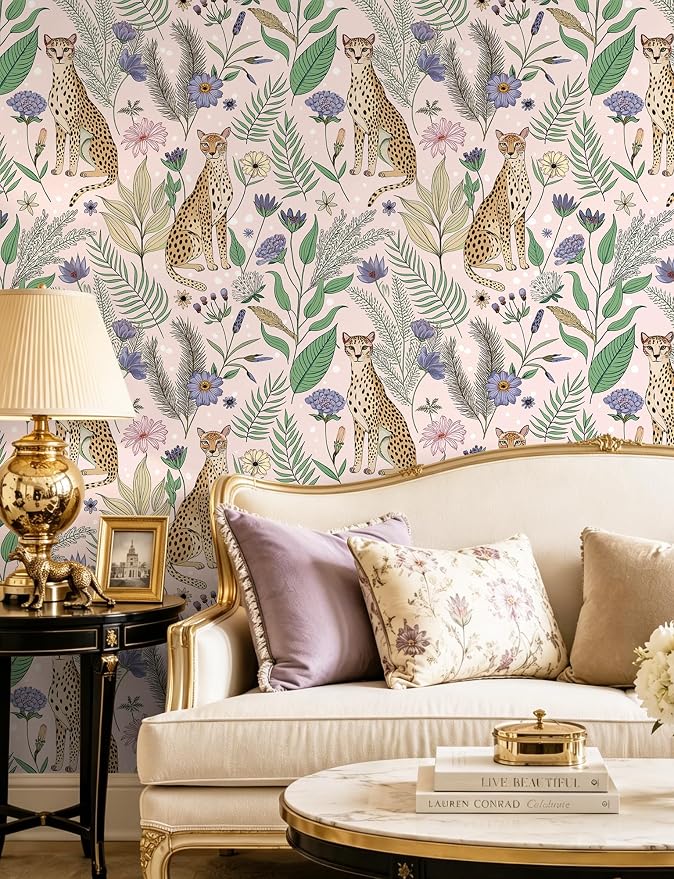 Floralplus Wallpaper Peel and Stick Vintage Pink Floral Wallpaper | Renter Friendly, Removable, Self Adhesive, Jungle Leopard Wallpaper, Textured Contact Paper for Nursery, 17.5 x 118 in - Image 7