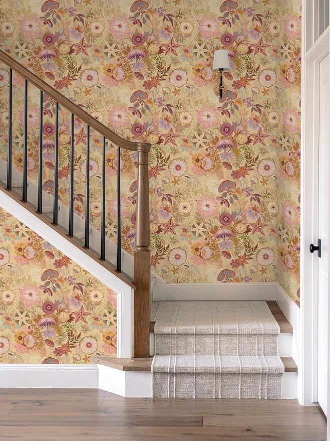 Ismoon Vintage Floral Peel and Stick Wallpaper Deep Beige Contact Paper Jellyfish Starfish Stick on Wall Paper Removable Self Adhesive Vinyl Wallpaper for Bedroom Wall Cabinet Decor 17.3x393in - Image 8