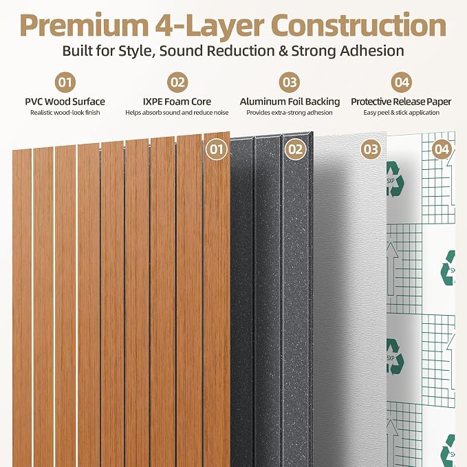 NEPIS Peel and Stick Wood Slat Wall Panel 3D PVC Faux Walnut Wood Wallpaper | 15.75"x118" Soundproof Wall Panels with Self Adhesive, Wall Coverning for Accent Walls Ceiling Bedroom Bathroom Kitchen Decor - Image 3
