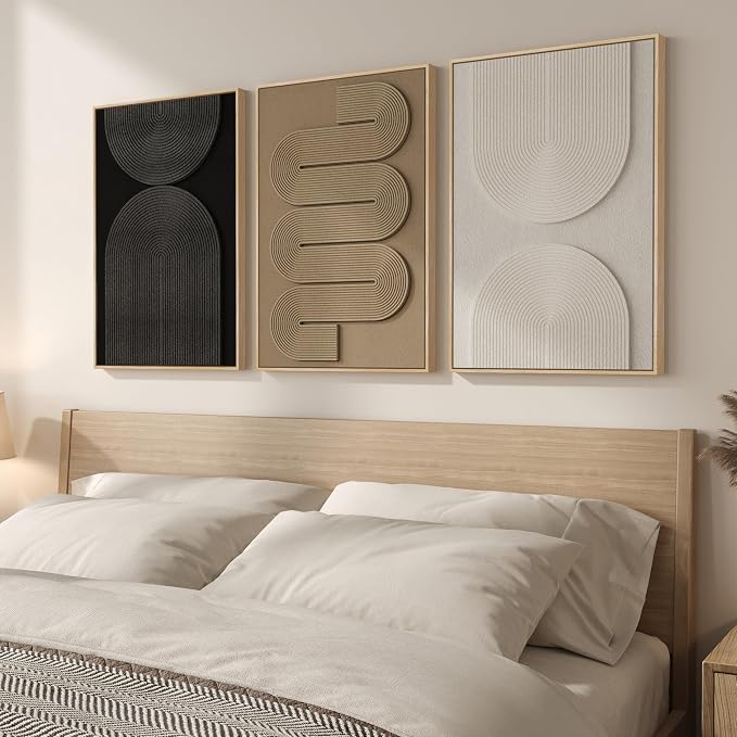 Framed Boho Abstract Wall Art Set, 3 Piece Modern 3D Artwork, 16x24 In | Solid wood frame, Textured paintings, Neutral black white brown geometric sculpture, Bedroom dining room office wall decor - Image 2