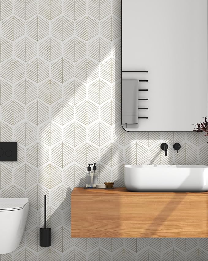 OSECAGE Geometric Peel and Stick Wallpaper Boho Contact Paper 17.3''×393'' | Modern Self Adhesive Wallpaper Removable White and Beige Wall Paper Decorative for Bedroom Bathroom Cabinets Decor Vinyl Roll - Image 2