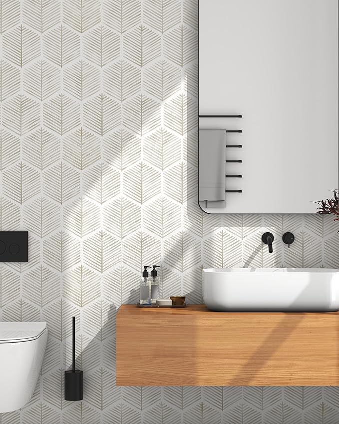 OSECAGE Geometric Peel and Stick Wallpaper Boho Contact Paper 17.3''×118'' | Modern Self Adhesive Wallpaper Removable White and Beige Wall Paper Decorative for Bedroom Bathroom Cabinets Decor Vinyl Roll - Image 2