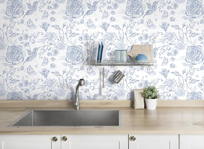 Peel and Stick Wallpaper Floral Wall Paper Boho Embroidered Contact Paper Bedroom Bathroom Wallpaper Navy Blue and White Removable Self-Adhesive Kitchen Wall Decor Vinyl Roll 17.3" x 787" - Image 2