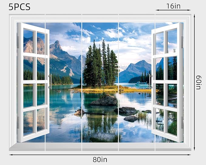 FLFK Fake Window Wall Mural - Trees in The Lake Faux Window Wall Decal for Wall Decor, Peel and Stick Wall Sticker,80"x60",Set of 5 Sheets - Image 2