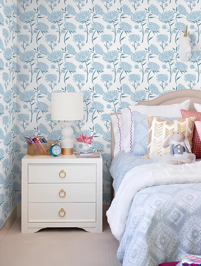 Hopepak Peel and Stick Wallpaper Floral Contact Paper Blue Floral Wallpapers Modern Self Adhesive Removable Vinyl Wallpaper for Living Room 17.3"x197" - Image 6