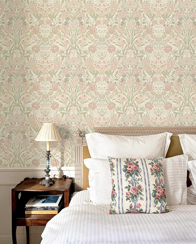 Heroad Vintage Peel and Stick Wallpaper Pink and Green Floral Contact Paper | Boho Damask Wallpaper,17.3''x393'',Removable Renter Friendly Wall Paper for Bathroom Bedroom Laundry,Self Adhesive Vinyl - Image 2