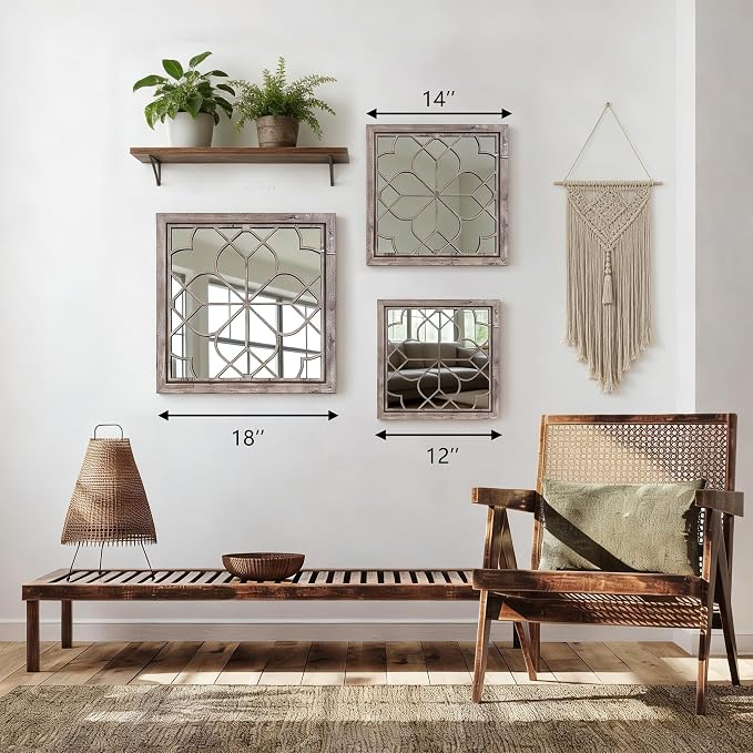 Set of 2 18 Inch Large Square Brown Window Pane Wall Mirrors, Shatterproof Rustic Farmhouse Boho Vintage Accent Mirrors for Living Room, Bedroom, Bathroom, Entryway & Home Decor - Image 5