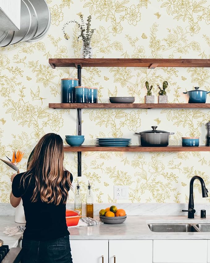 Froluya Cream White and Gold Floral Peel and Stick Wallpaper 17.7in×196.8in | Vintage Floral Birds Self Adhesive Wallpaper Boho Contact Paper Peel and Stick Removable Decorative Wall Paper for Cabinets - Image 4