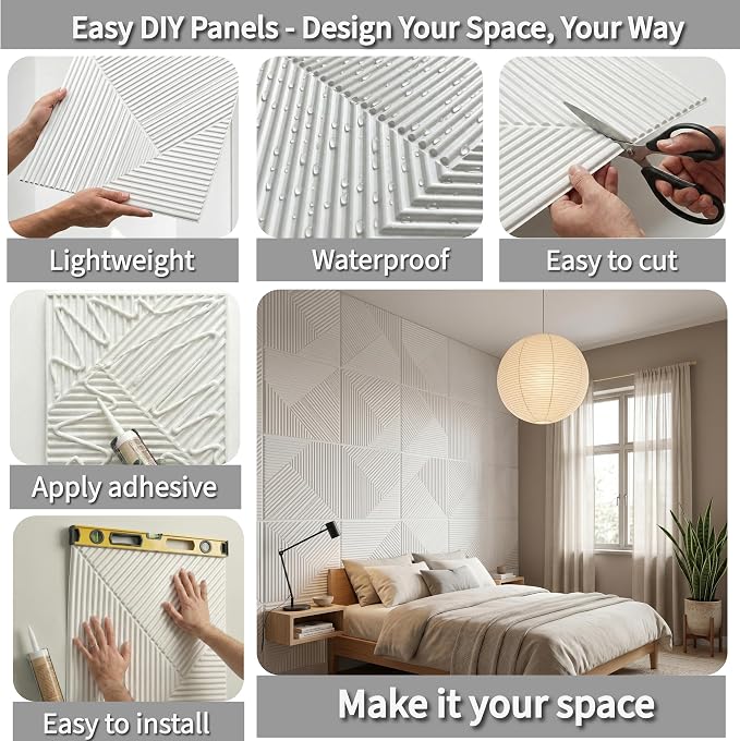 3D Wall Panels for Interior Wall Decor, PVC, White | 19.7x19.7 Inch, 12 Pack Covers 32 Sq Ft, Decorative Textured Tile, Paintable, Fire Resistant, Lightweight Modern Accent - Image 5