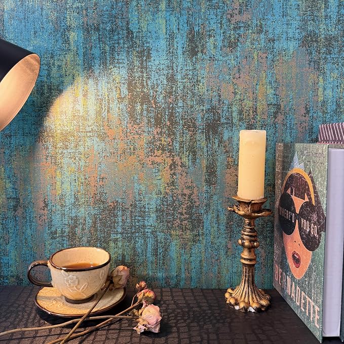 JiffDiff Vintage Metallic Peel and Stick Wallpaper Industrial Metallic Concrete Wall Paper Modern Stick on Wallpaper Self Adhesive Contact Paper(17.3" x 1200" Blue Gold) - Image 6