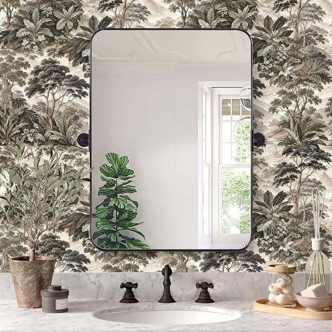 HAOKHOME Vintage Peel and Stick Wallpaper Forest Bathroom 17.3in x 19.7ft | Self Adhesive Removable Landscape Botanical Jungle Toile Wall Paper Textured Bedroom Accent Wall Green Grey Contact Paper - Image 5