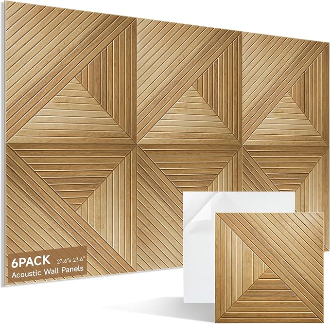Acoustic Wall Panels, 6-Pack 23.62x23.62 in, Decorative Sound Absorbing Panels, Self-Adhesive for Wall/Ceiling, Noise Reduction Wall Art for Home Studio Office, Natural Oak by AKK-ART