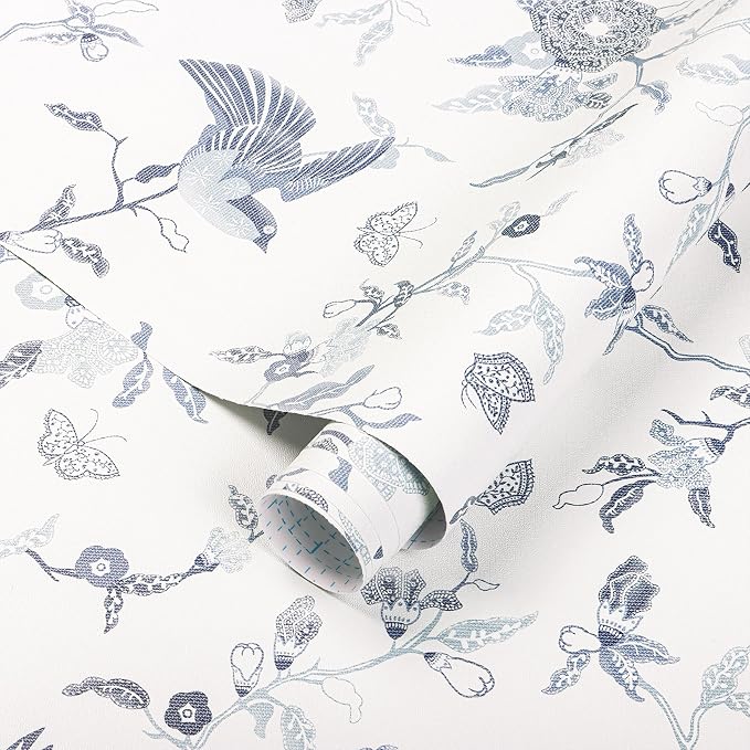Timeet Peel and Stick Wallpaper Vintage Floral Contact Paper Blue and White Birds Wallpaper Removable Self Adhesive Flower Wall Paper for Bedroom Living Room 16.14"x393.7" - Image 6