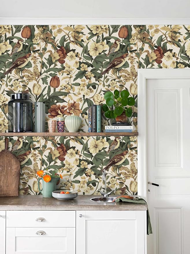 Erfoni Bird Floral Peel and Stick Wallpaper Vintage Contact Paper for Walls | 17.3" x 394" Boho Floral and Leaf Self Adhesive Wallpaper Retro DIY Removable Wallpaper for Livingroom Decor Vinyl Roll Beige - Image 4