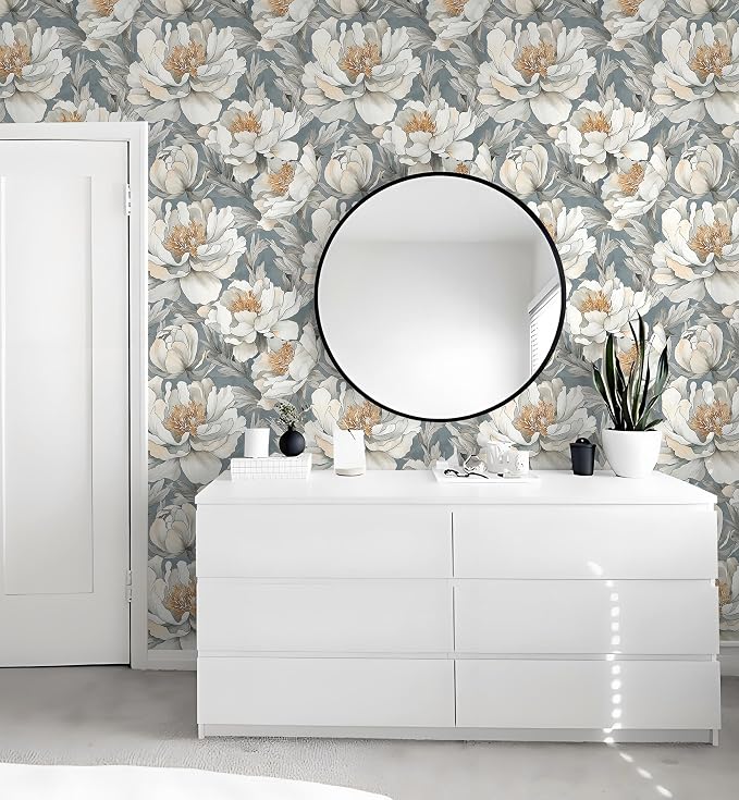 Safiyya Peel and Stick Wallpaper Grey and White Floral Contact Paper Peel and Stick 17.3"x 197" Wall Paper Self Adhesive Removable Wallpaper for Bedroom Bathroom Vinyl Roll - Image 4