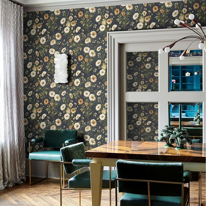 Livebor Dark Daisy Floral Wallpaper Peel and Stick Wallpaper16.9in x118.1in | Floral Contact Paper Vintage Daisy Flower Waterproof Wallpaper Self-Adhesive Removable Wall Paper for Bedroom Decorative - Image 3