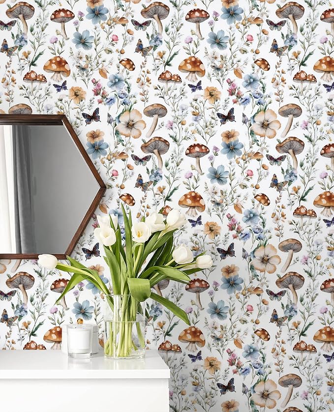 Froluya Mushroom Wallpaper Peel and Stick Boho Contact Paper 16.9" x 373.7" | Vintage Floral Self Adhesive Wallpaper Mushroom Removable Waterproof Contact Paper Peel and Stick for Cabinet Bathroom Vinyl - Image 9