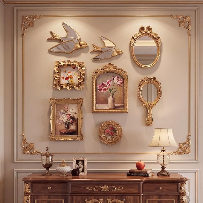 Novabright 8 Pcs Vintage Gold Picture Frame Wall Mirror Decor Set for Gallery, Small Antique Gold Mirror Luxury Ornate Pohot Frames for Wall Table Display(Farmhouse) by Unknown