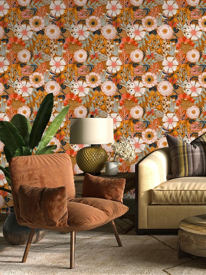 HAOKHOME Orange Floral Peel and Stick Wallpaper Boho Vintage 17.3in x32.8ft | Botanical Textured Wall Paper Renter Friendly Removable Pink Flowers Bathroom Bedroom Accent Decor Stick on Contact Paper - Image 3