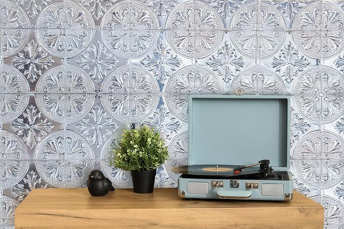 Peel and Stick Metal Backsplash Tiles, Silver Fleur, 10-Pack | 8 x 8 in tile size; Covers up to 4.44 sq ft; Aluminum; Water-resistant surface; For kitchens, ceilings, DIY projects - Image 5