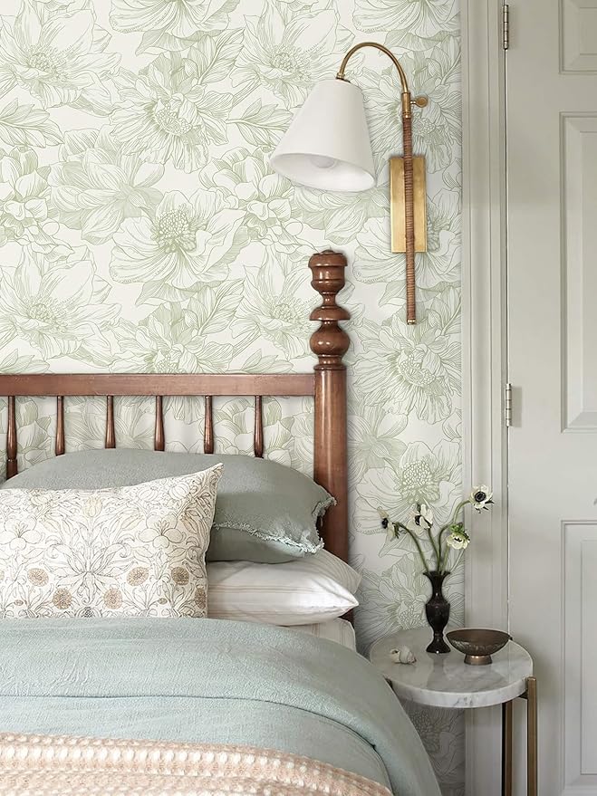 Ismoon Vintage Floral Wallpaper Peel and Stick Beige and Green Contact Paper 17.3inx6.5ft Removable Self Adhesive Wall Paper for Bathroom Bedroom Cabinet Mural Wall Decor Vinyl Renter Friendly - Image 2