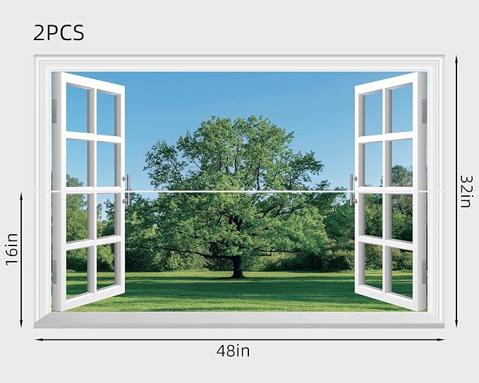 FLFK Fake Window Wall Mural - Grass and Trees Faux Window Wall Sticker for Wall Decor, Peel and Stick Wall Decals,48"x32",Set of 2 Sheets - Image 2