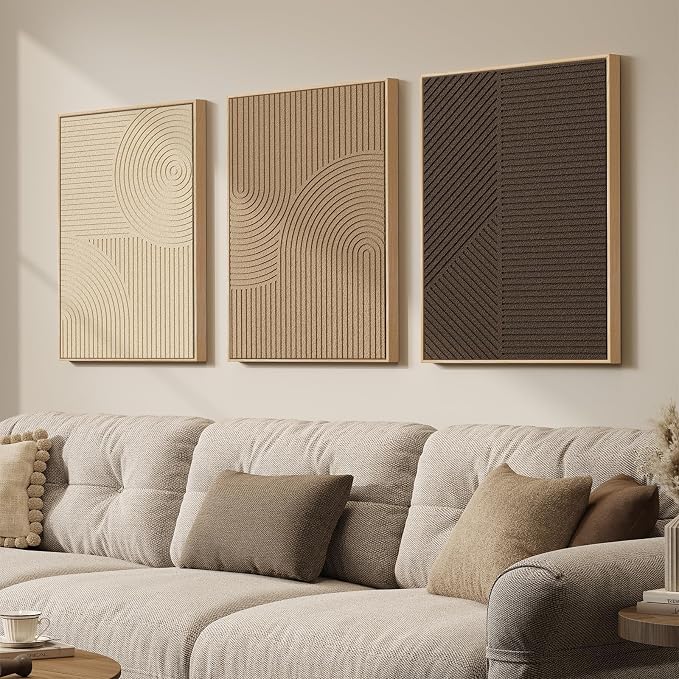3D Textured Framed Neutral Abstract Wall Art Set, 3 Piece Modern Artwork | Solid Wood Frame, Texture Paintings, Beige Brown Tan Geometric Sculptural, 16x24 In Wall Decor for Living room Bedroom Office by Cuspin