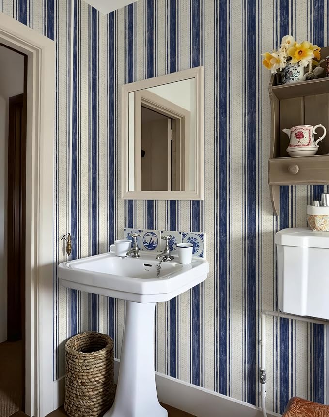Safiyya Wallpaper Peel and Stick Blue and Cream White Hand-Painted Striped Contact Paper Vintage Wall Paper Self Adhesive Removable Wallpaper for Bedroom Bathroom Vinyl 17.3"×78.7" - Image 3