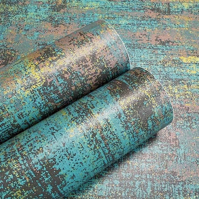 JiffDiff Vintage Metallic Peel and Stick Wallpaper Self Adhesive Industrial Metallic Concrete Wall Paper Modern Stick on Wallpaper(17.3" x 120" Blue Gold) - Image 9