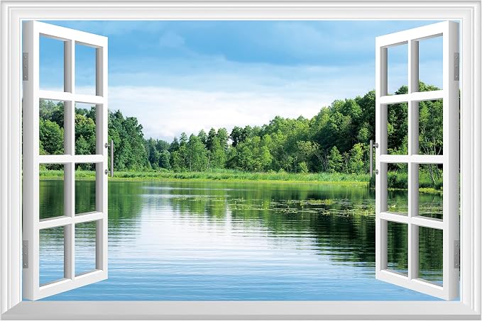 FLFK Fake Window Wall Sticker, Lake Forest Nature View Peel and Stick Mural, White Frame, Self-Adhesive Removable Decal, 80 x 60 Inches, Easy Peel and Stick, for Home, Office, Bedroom Decor by FLFK