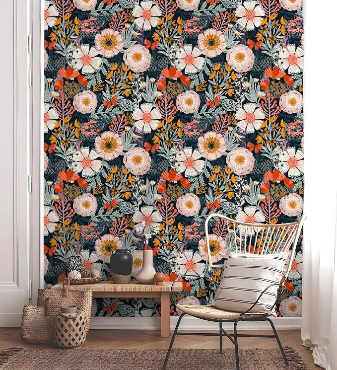 HAOKHOME Floral Wallpaper Peel and Stick Boho Pink Bathroom Contact Paper | Textured Navy Blue Orange Stick on Wall Paper Botanical Renter Friendly Removable Flower Bedroom Accent Decor 17.3in x 9.8ft - Image 2