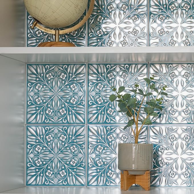 Peel and Stick Metal Tiles, Teal & Silver Leaves, 10-Pack | 8 x 8 in tile size; Covers up to 4.44 sq ft; Aluminum; Water-resistant surface; For kitchens, ceilings, DIY projects - Image 9