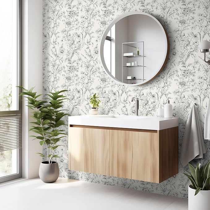 Hopepak 17.3''x197'' Floral Peel and Stick Wallpaper Black and Cream White Contact Paper Self Adhesive Removable Wall Paper for Bedroom Bathroom Cabinet - Image 3