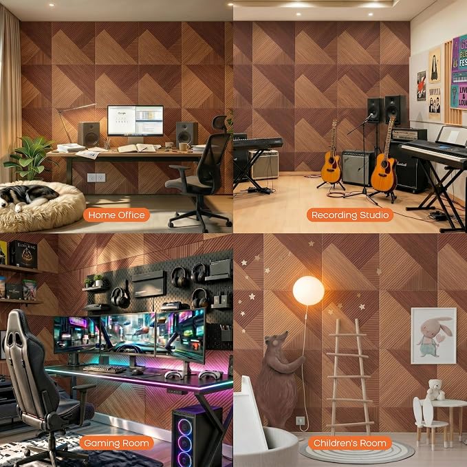 BUBOS 6-Pack Acoustic Panels, Wood Grain Sound Absorbing Panels, 23.6"x23.6" | Peel and Stick, for Home Office, Studio & Wall Decor Sound Treatment, Wall Panels for Noise Reduction & Stylish Room - Image 6