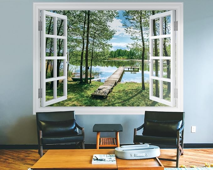 FLFK Fake Window Wall Decal Peel and Stick Wall Mural 80" x 60" | Lake & Forest Scene, 3D Illusion Effect, Removable Design, Home Office Decor, Pre-cut into 5 pieces - Image 3