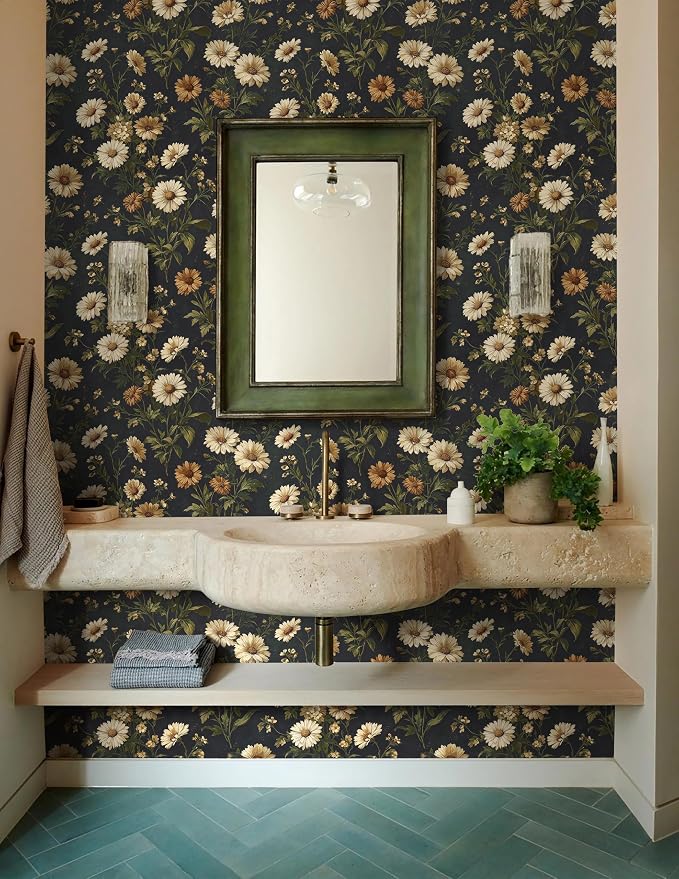 Livebor Dark Daisy Floral Wallpaper Peel and Stick Wallpaper16.9in x118.1in | Floral Contact Paper Vintage Daisy Flower Waterproof Wallpaper Self-Adhesive Removable Wall Paper for Bedroom Decorative - Image 2