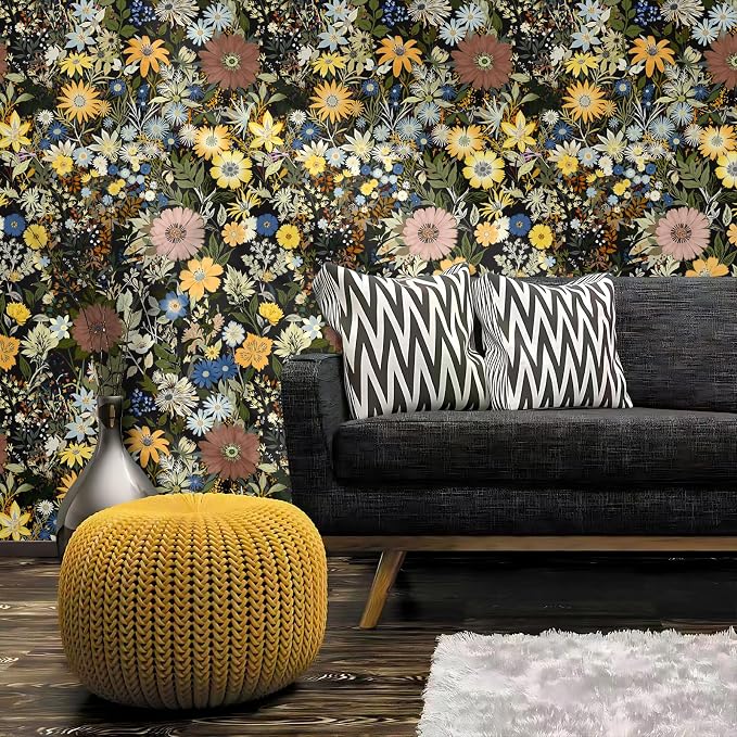 Vintage Floral Peel and Stick Wallpaper for Bedroom,Cabinets 17.3" x 118" | Textured Vinyl Contact Paper Self Adhesive Removable Waterproof Black/Green/Yellow Stick on Wall paper for Kitchen Bathroom - Image 2