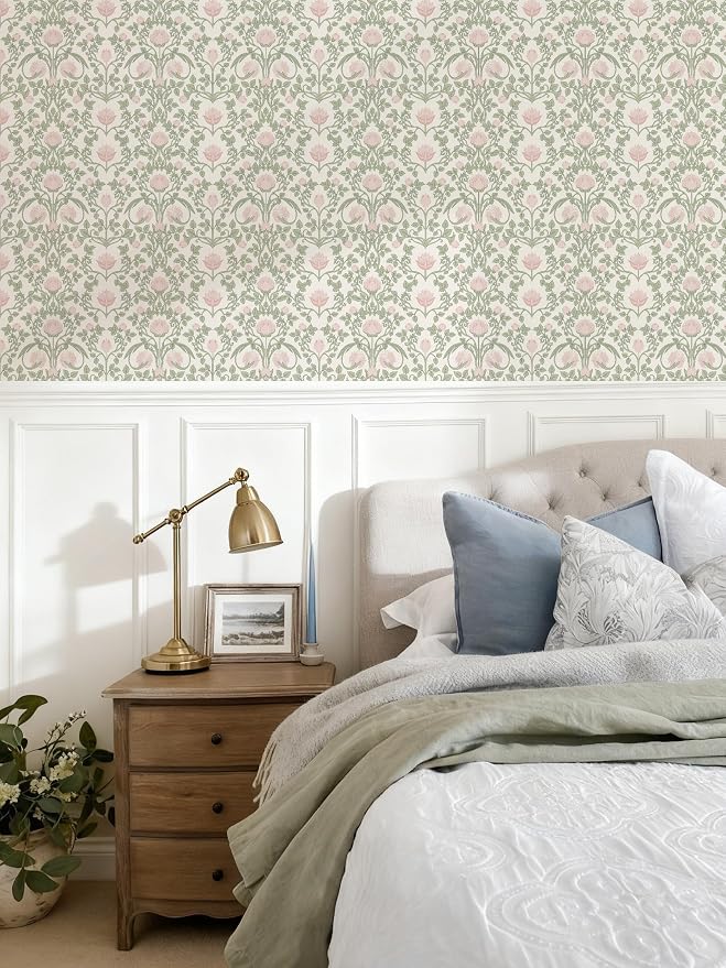 YXTII 590.5" × 17.3" Floral Wallpaper Peel and Stick Pink and Green Wallpaper Vintage Damask Wall Paper for Bedroom Bathroom Decorative Self Adhesive Contact Paper - Image 3